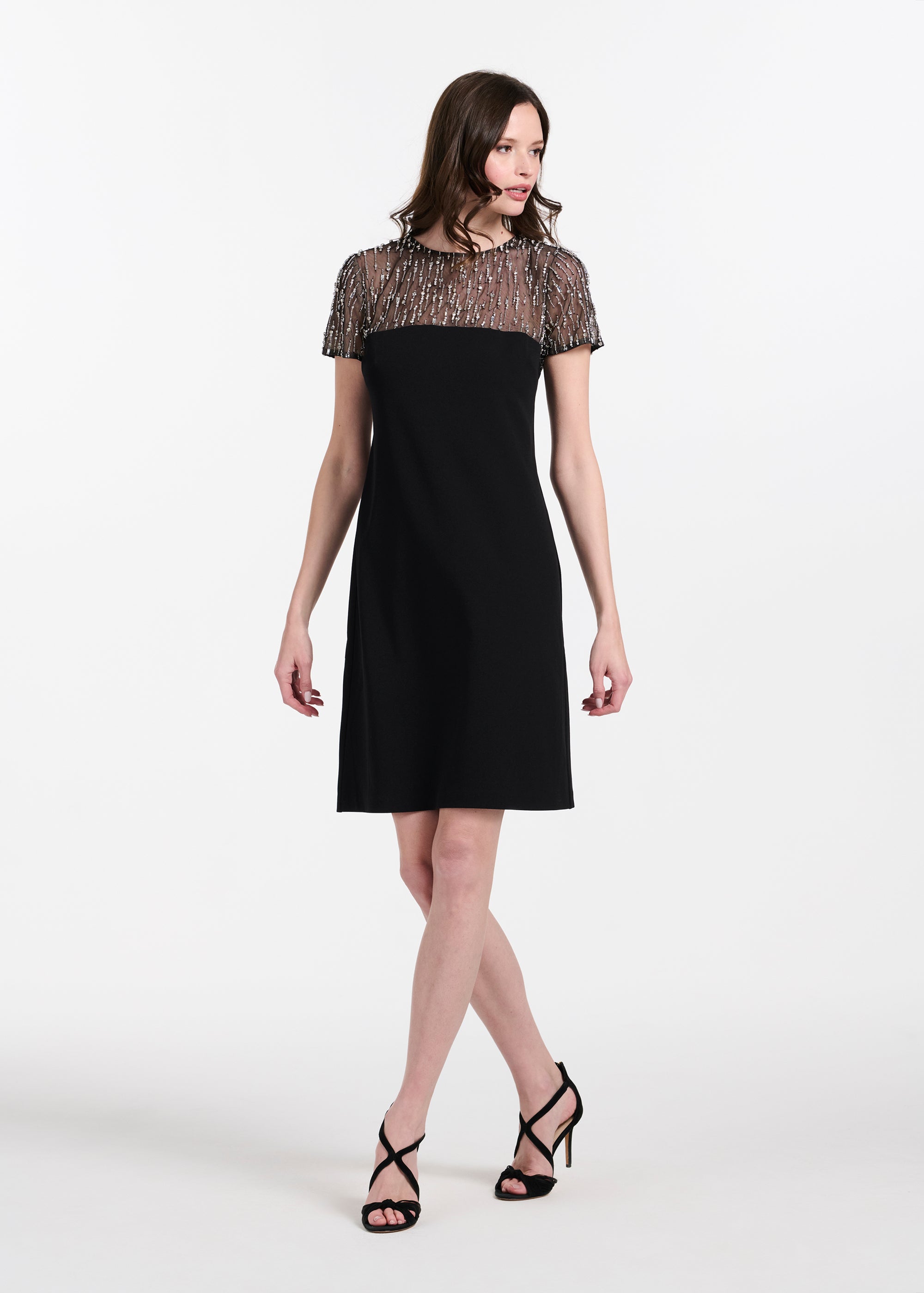 CRYSTAL ILLUSION STRETCH CREPE MINI DRESS BLACK