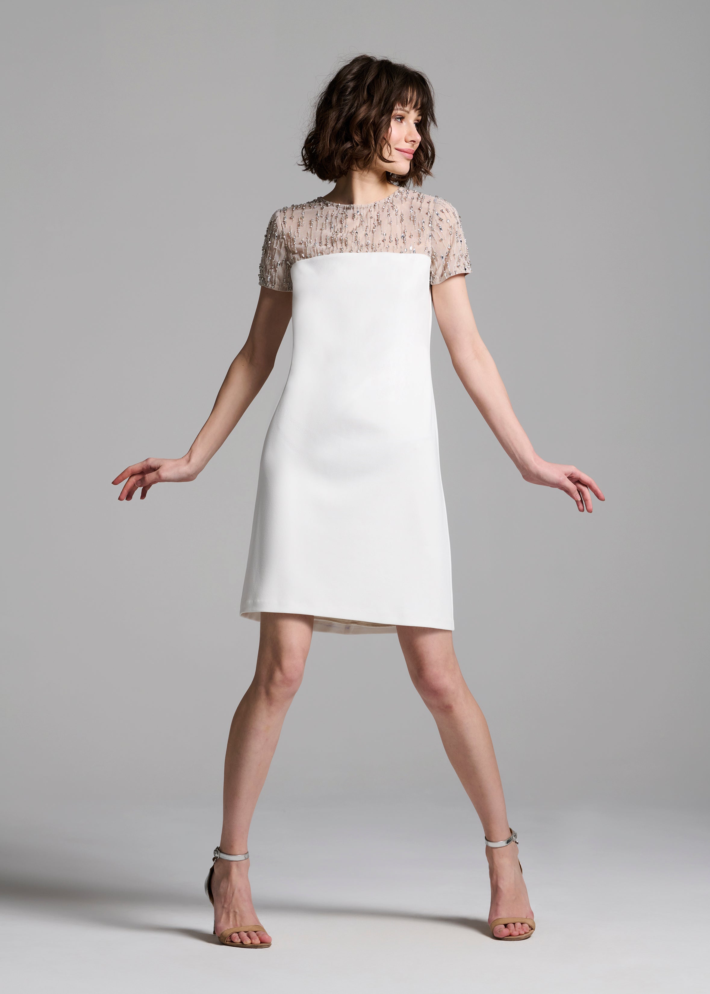 CRYSTAL ILLUSION STRETCH CREPE MINI DRESS IVORY