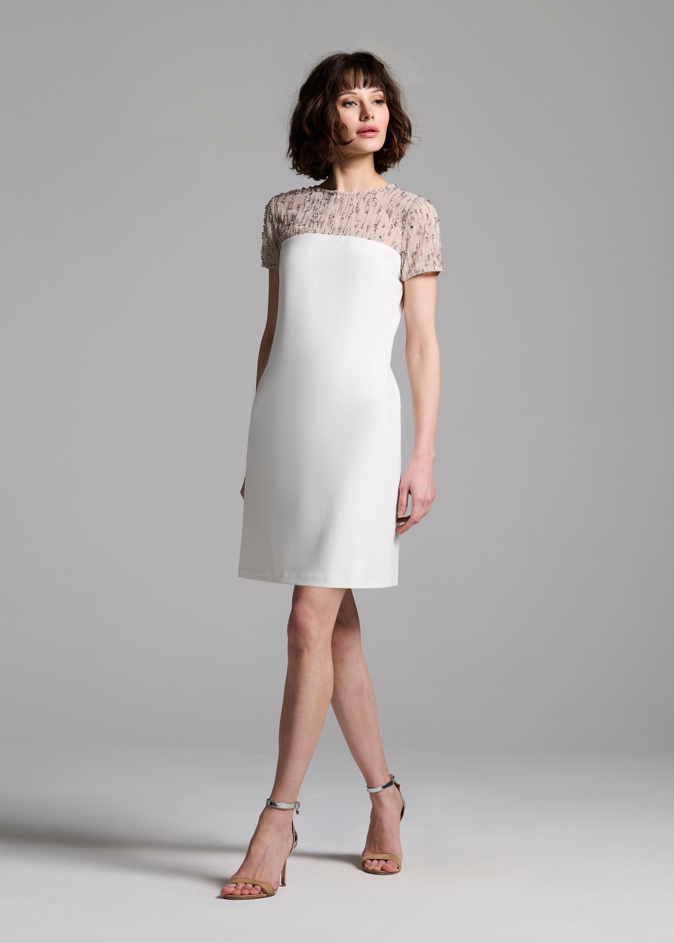 CRYSTAL ILLUSION STRETCH CREPE MINI DRESS IVORY