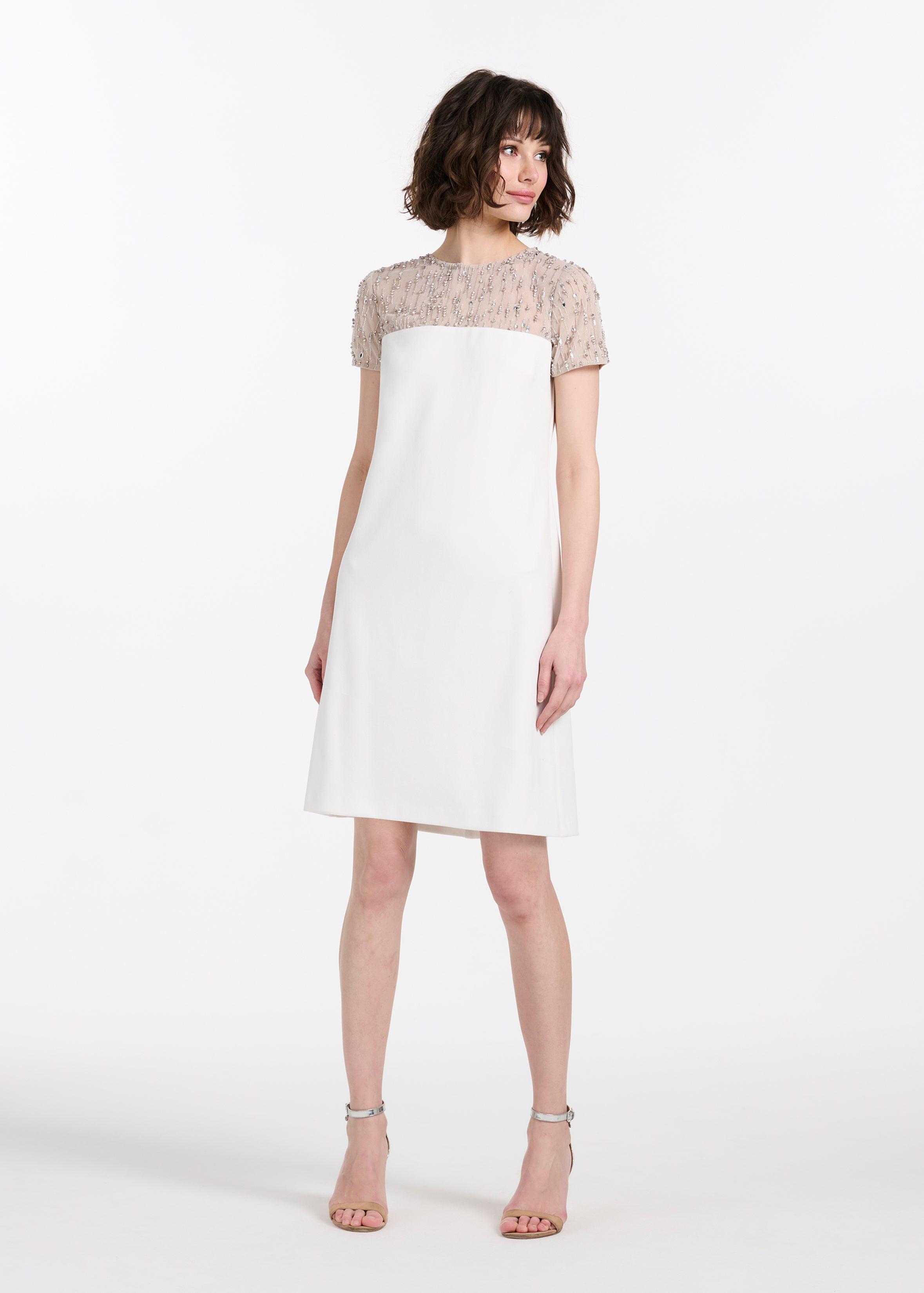 CRYSTAL ILLUSION STRETCH CREPE MINI DRESS IVORY