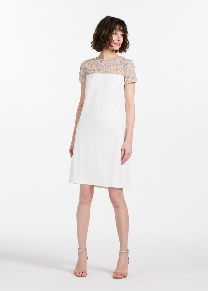 CRYSTAL ILLUSION STRETCH CREPE MINI DRESS IVORY