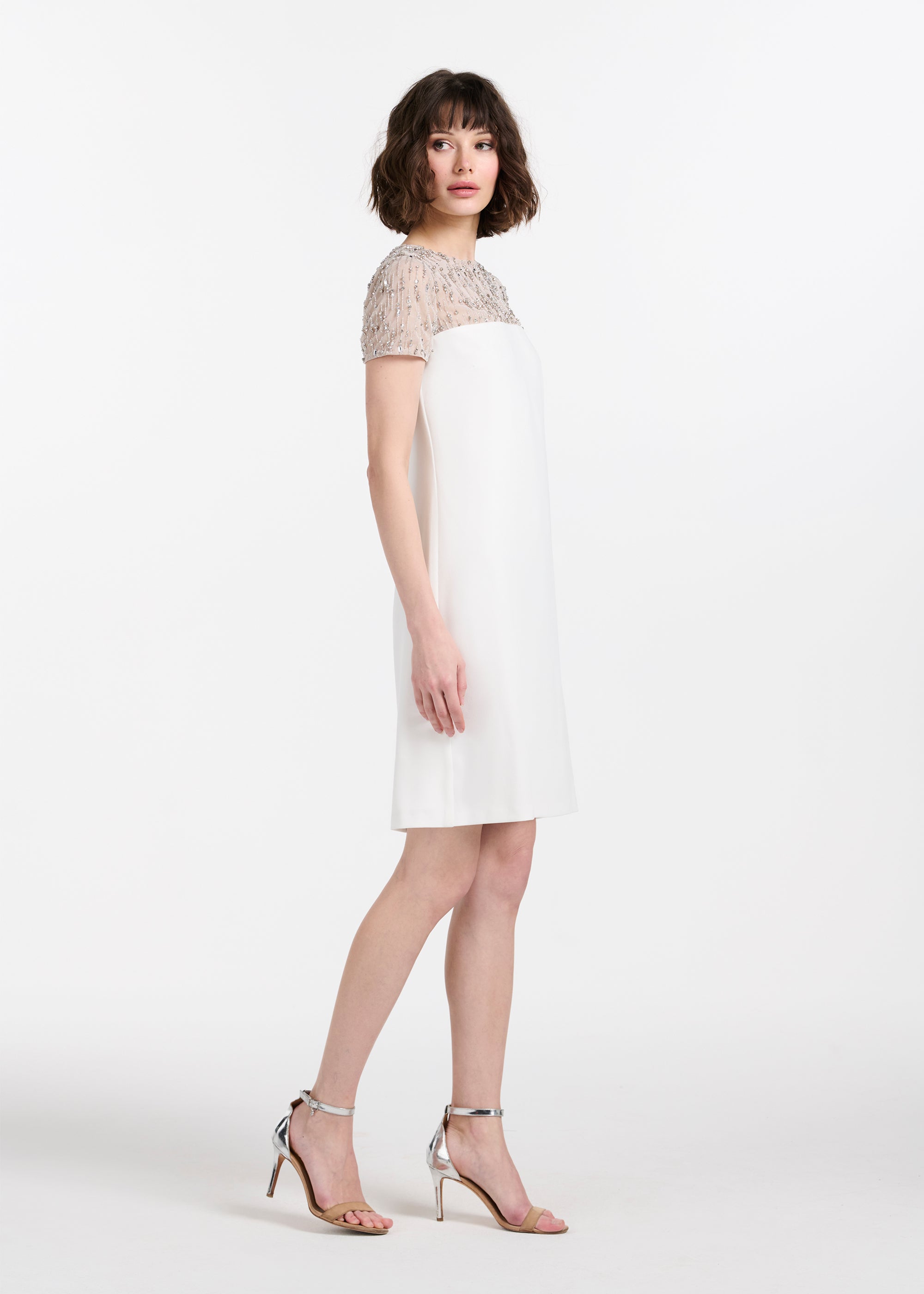 CRYSTAL ILLUSION STRETCH CREPE MINI DRESS BLACK