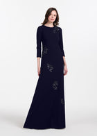 Stretch Crepe Gown With Lace Flower Applique Navy