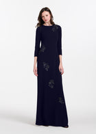 Stretch Crepe Gown With Lace Flower Applique Navy