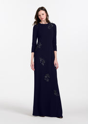 Stretch Crepe Gown With Lace Flower Applique Navy