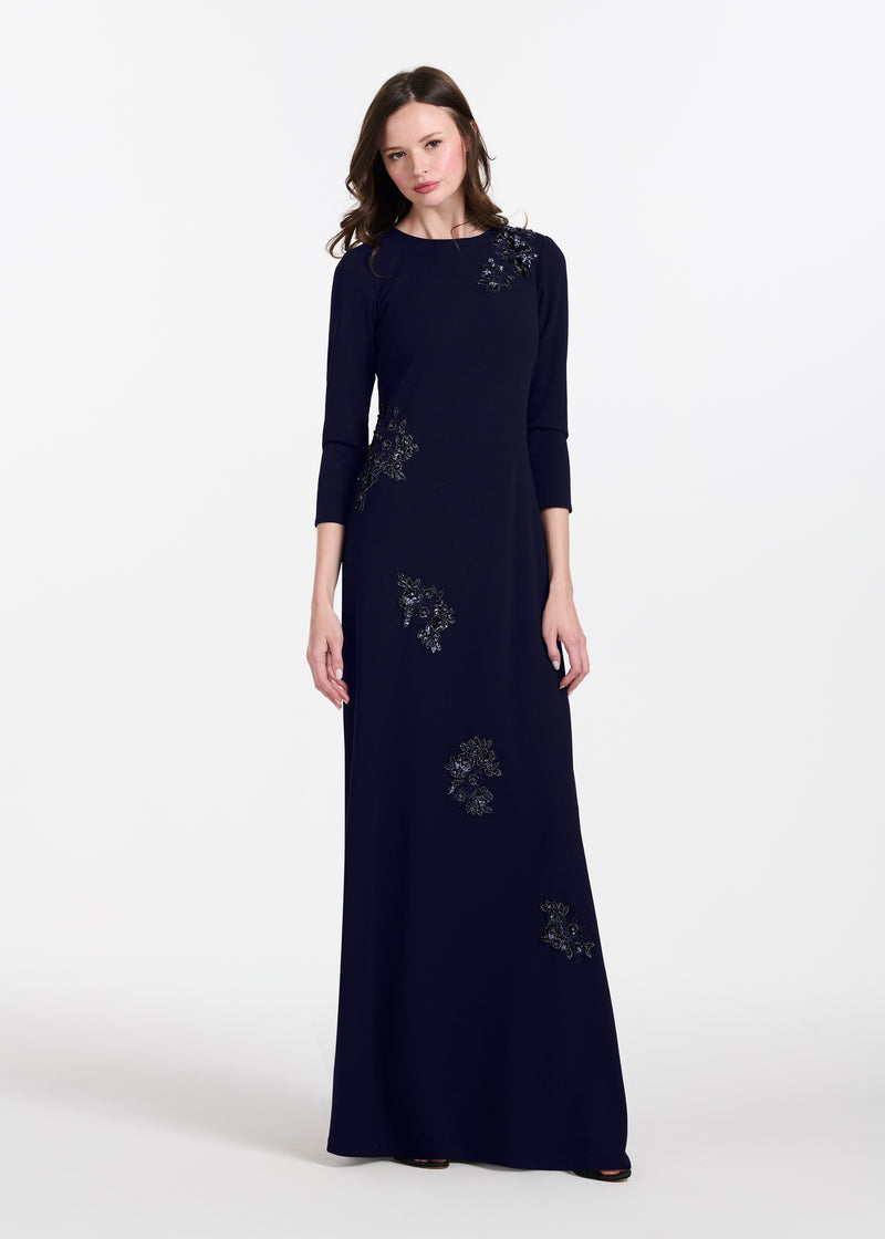 Stretch Crepe Gown With Lace Flower Applique Navy