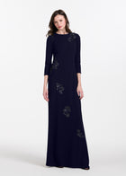 Stretch Crepe Gown With Lace Flower Applique Navy