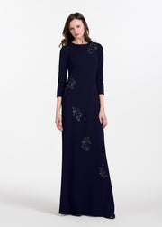 Stretch Crepe Gown With Lace Flower Applique Navy