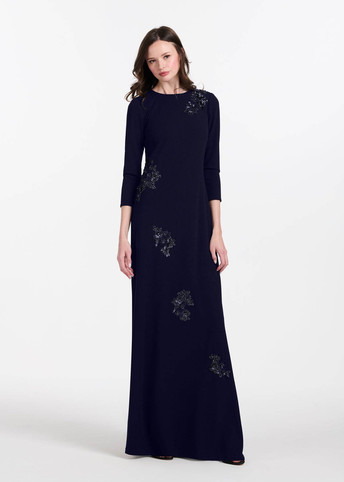 Stretch Crepe Gown With Lace Flower Applique Navy
