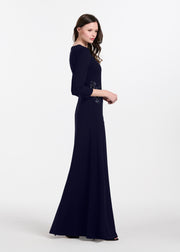 Stretch Crepe Gown With Lace Flower Applique Navy