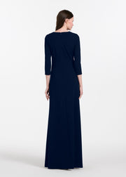 Stretch Crepe Gown With Lace Flower Applique Navy