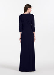 Stretch Crepe Gown With Lace Flower Applique Navy