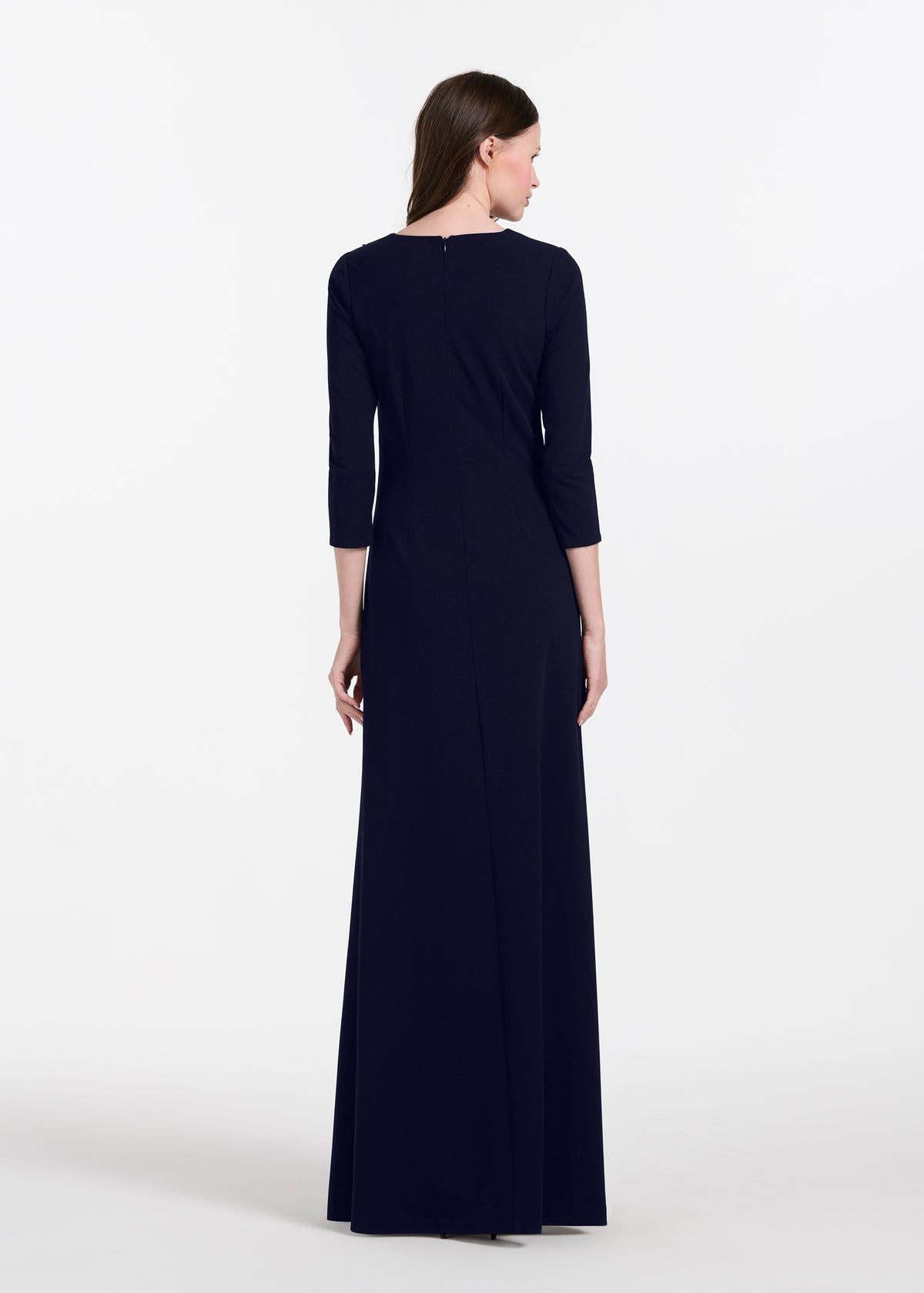 Stretch Crepe Gown With Lace Flower Applique Navy