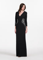 STRETCH CREPE VNECK WAIST APPLIQUE GOWN BLACK/SILVER