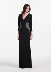 STRETCH CREPE VNECK WAIST APPLIQUE GOWN BLACK/SILVER
