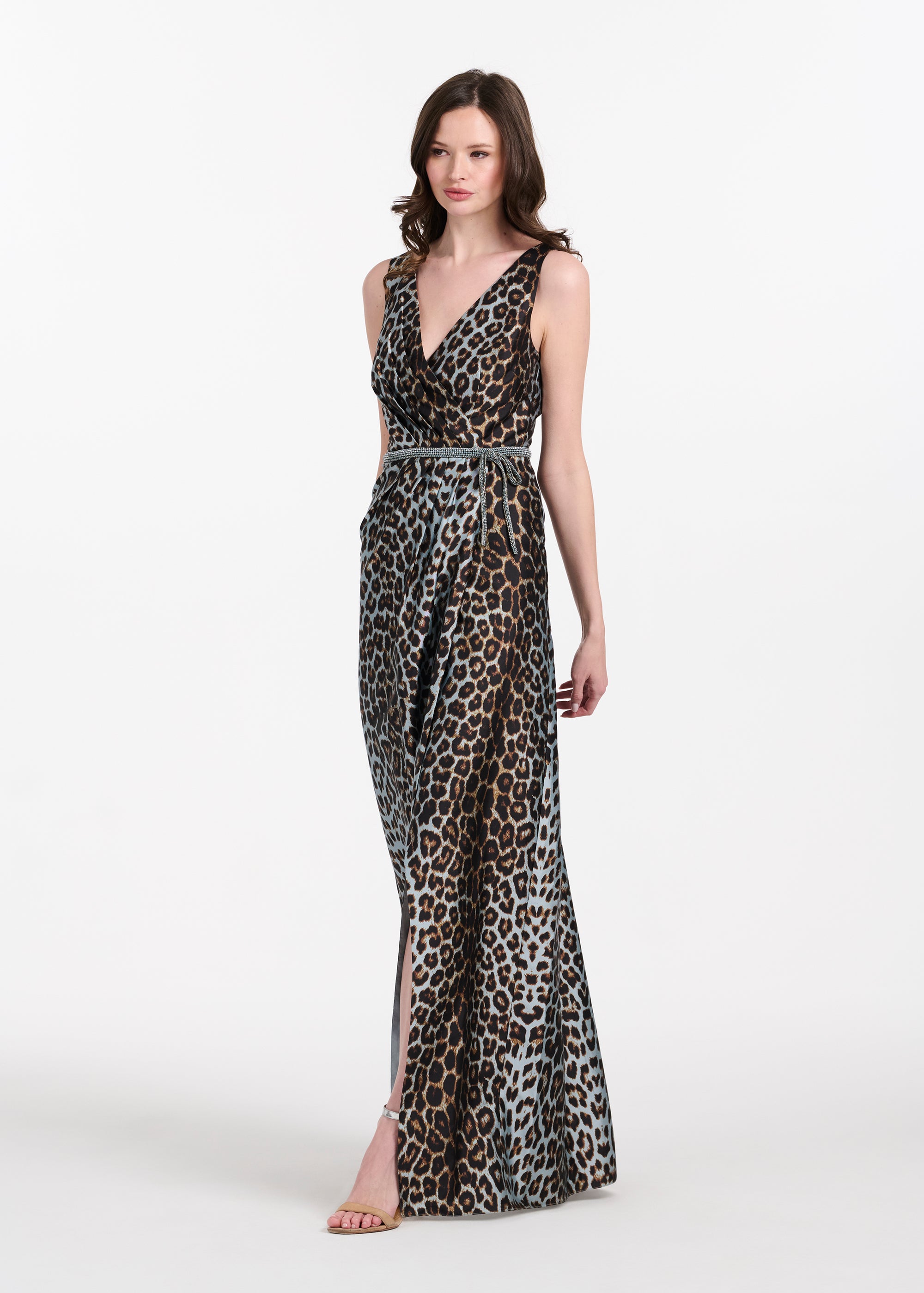TAFFETA ANIMAL SURPLICE GOWN WITH CRYSTAL TRIM