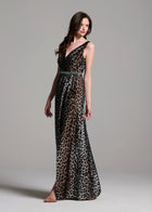 TAFFETA ANIMAL SURPLICE GOWN WITH CRYSTAL TRIM