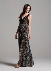 TAFFETA ANIMAL SURPLICE GOWN WITH CRYSTAL TRIM