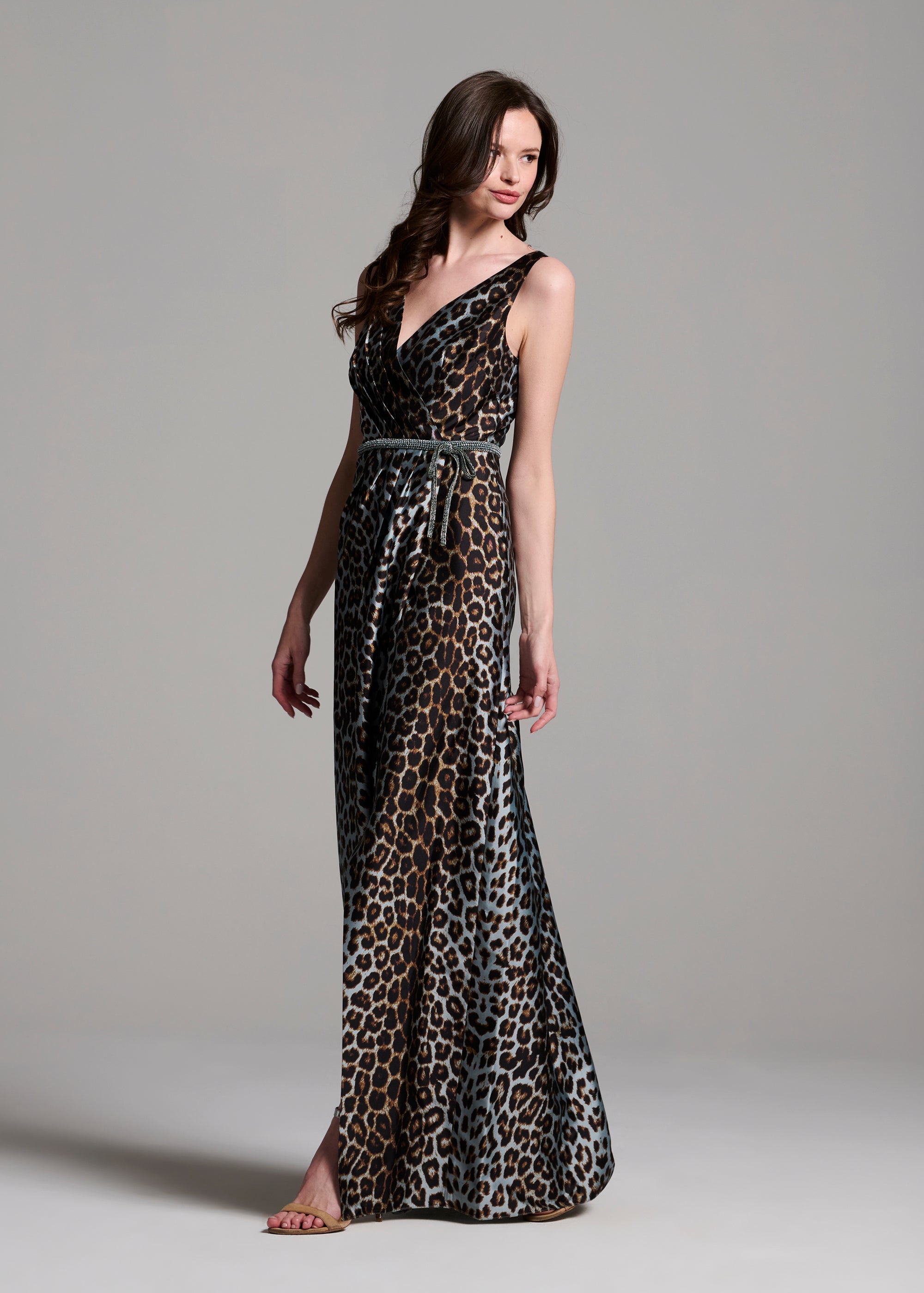 TAFFETA ANIMAL SURPLICE GOWN WITH CRYSTAL TRIM