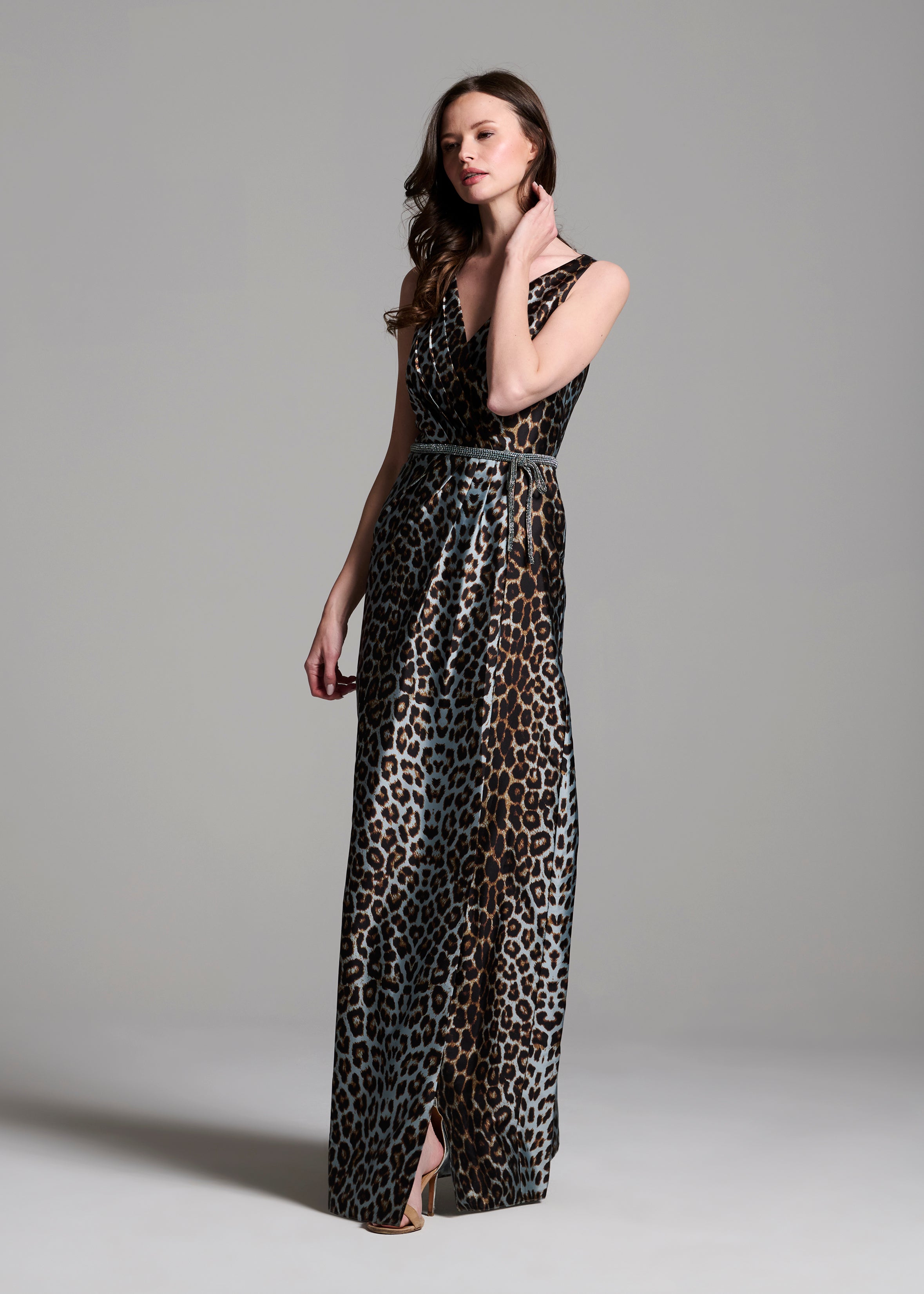 TAFFETA ANIMAL SURPLICE GOWN WITH CRYSTAL TRIM