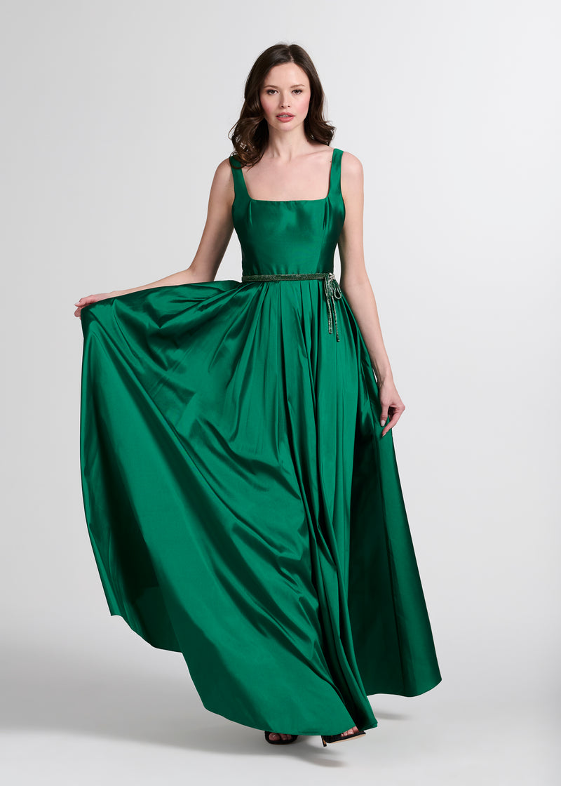 Taffeta Square Neck Gown With Crystal Trim And Corset - Emerald