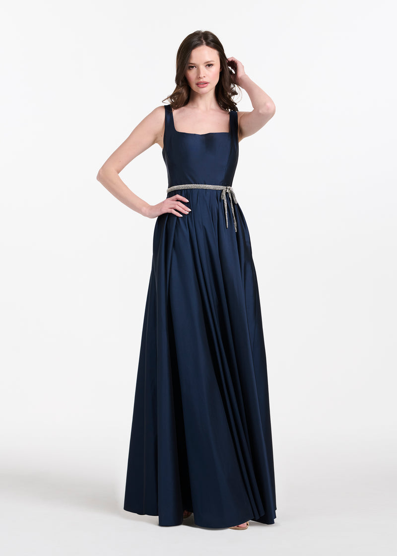 Taffeta Square Neck Gown With Crystal Trim And Corsette Navy