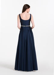 Taffeta Square Neck Gown With Crystal Trim And Corset - Emerald