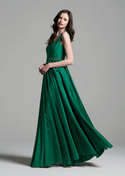 Taffeta Square Neck Gown With Crystal Trim And Corset - Emerald