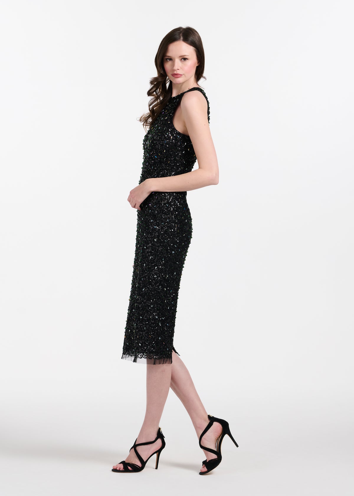 Encrusted Glass Jet And Emerald Beaded Racerback Midi Dress