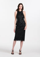 Encrusted Glass Jet And Emerald Beaded Racerback Midi Dress