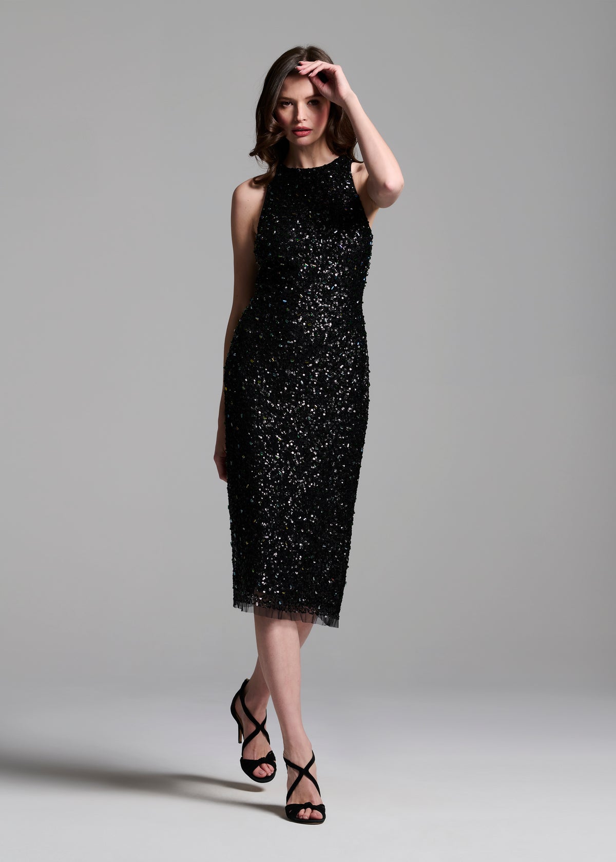 Encrusted Glass Jet And Emerald Beaded Racerback Midi Dress