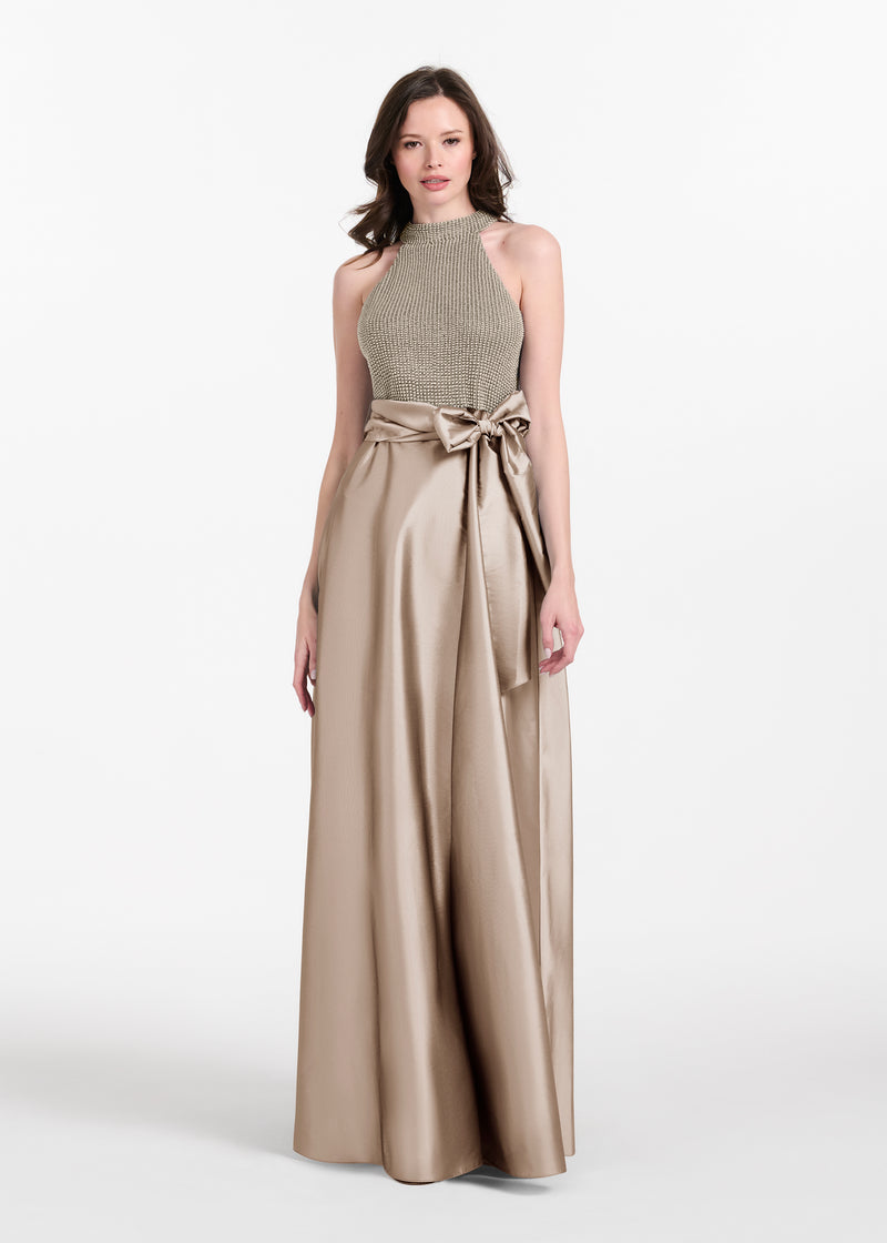 PEARL MOCK NECK TAFFETA GOWN SILVER-SUNTAN