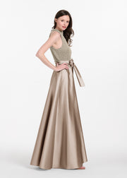 PEARL MOCK NECK TAFFETA GOWN SILVER-SUNTAN