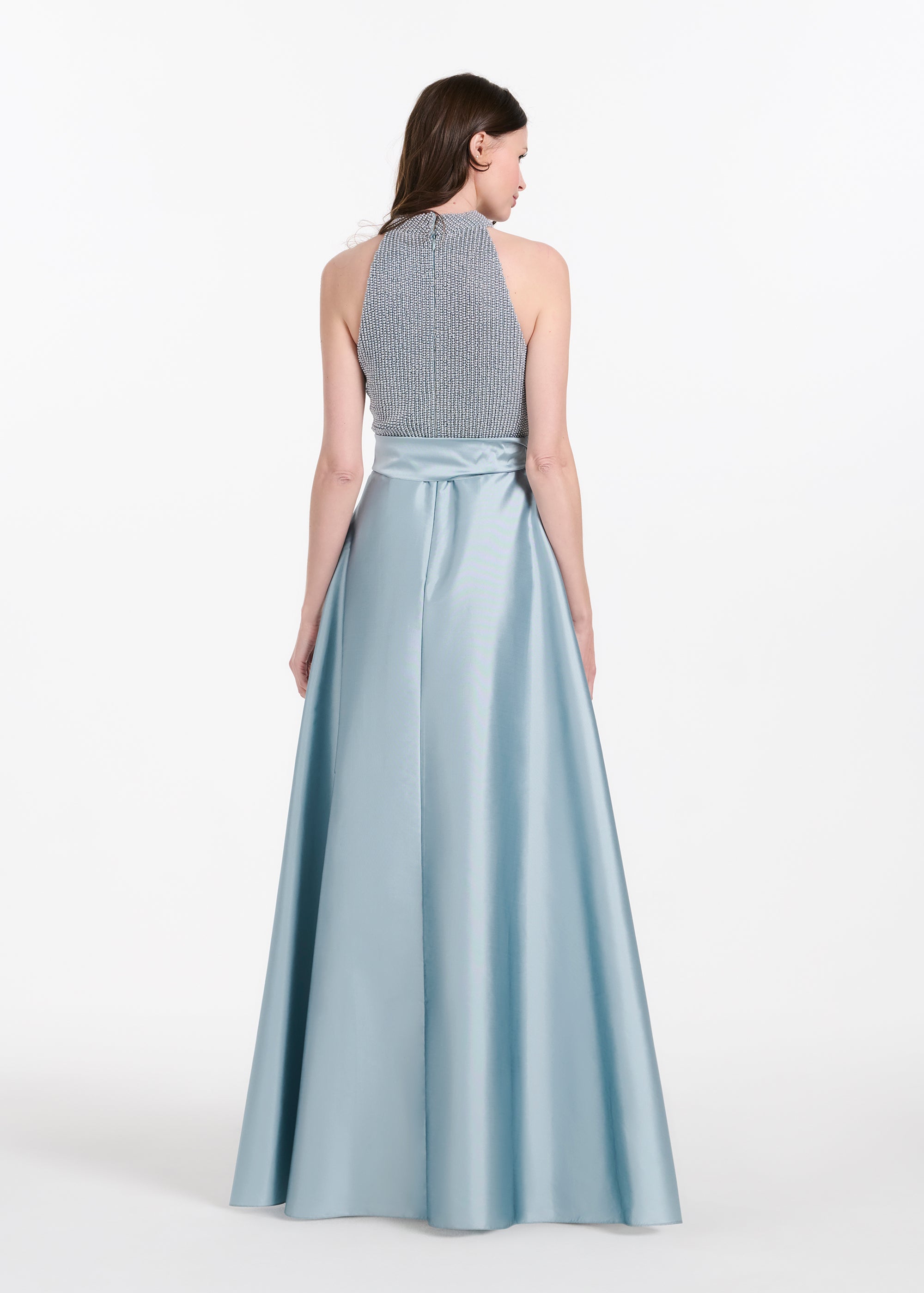 PEARL MOCK NECK TAFFETA GOWN LIGHT BLUE