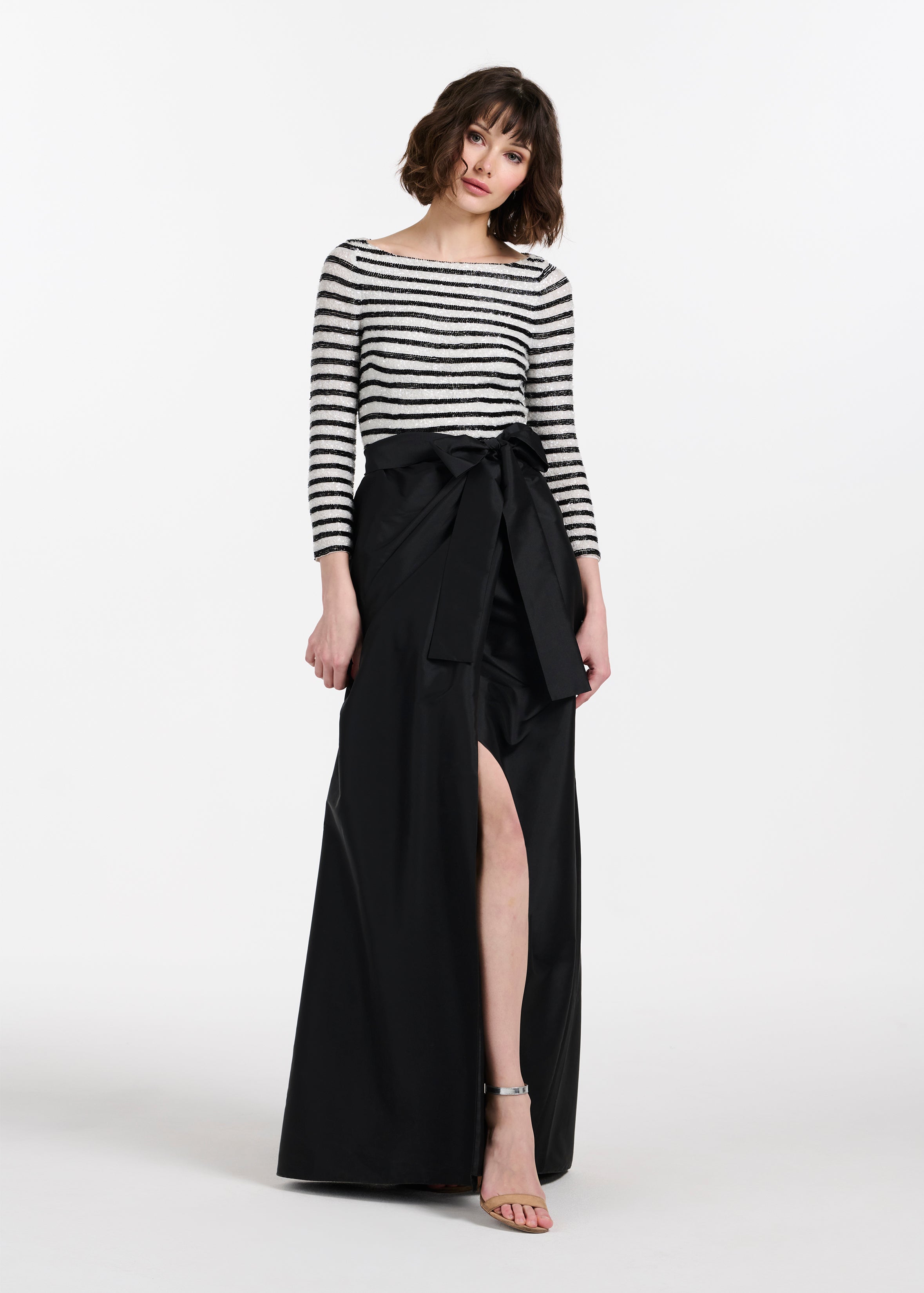 BEADED STRIPED GOWN WITH TAFFETA SKIRT