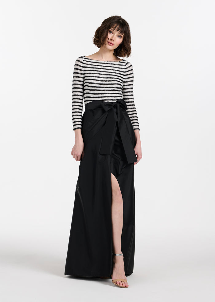 BEADED STRIPED GOWN WITH TAFFETA SKIRT