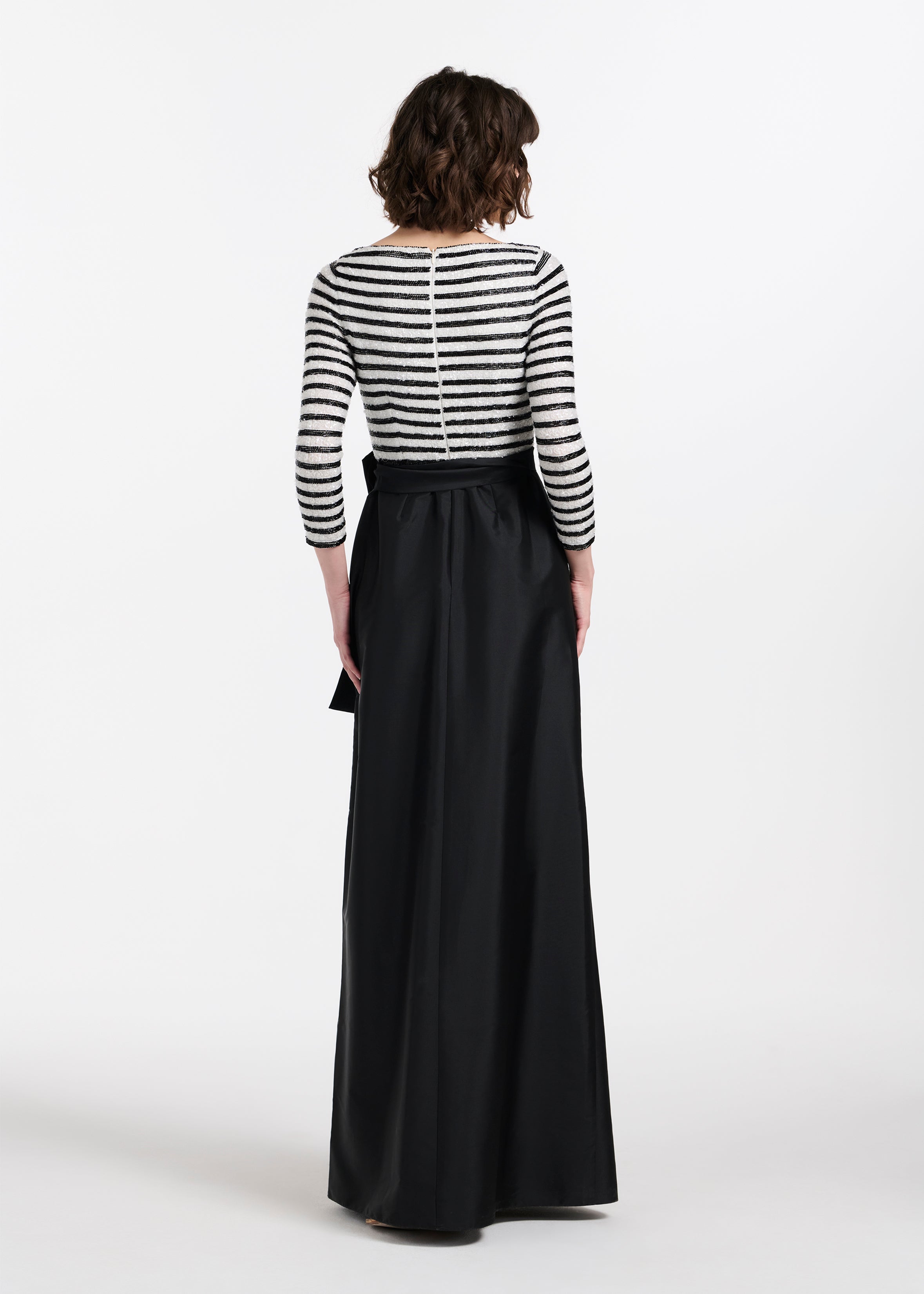 BEADED STRIPED GOWN WITH TAFFETA SKIRT