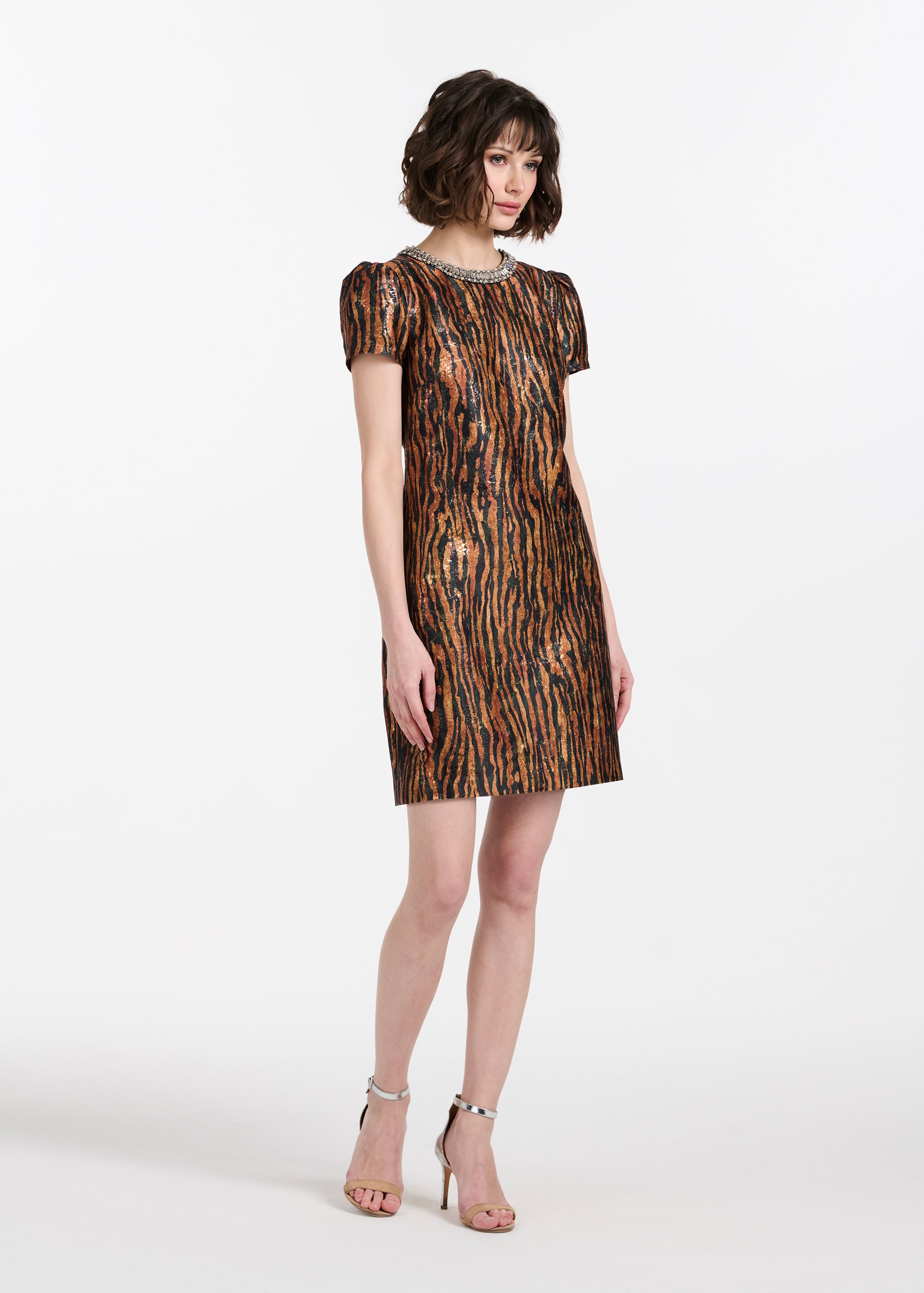 TIGER JACQUARD MINI DRESS WITH CRYSTAL NECKLINE | Emily Shalant