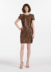 TIGER JACQUARD MINI DRESS WITH CRYSTAL NECKLINE