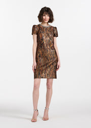 TIGER JACQUARD MINI DRESS WITH CRYSTAL NECKLINE