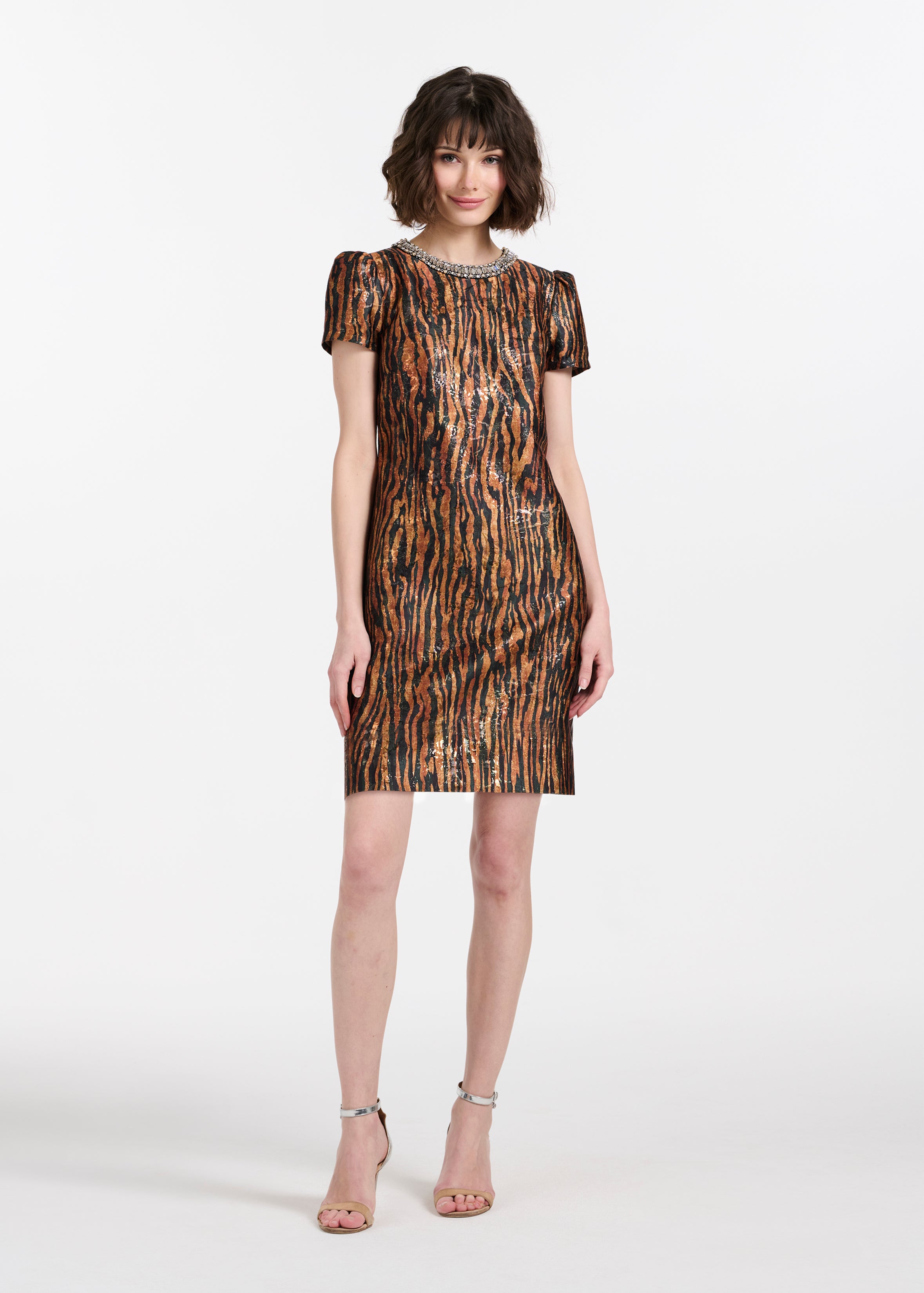 TIGER JACQUARD MINI DRESS WITH CRYSTAL NECKLINE