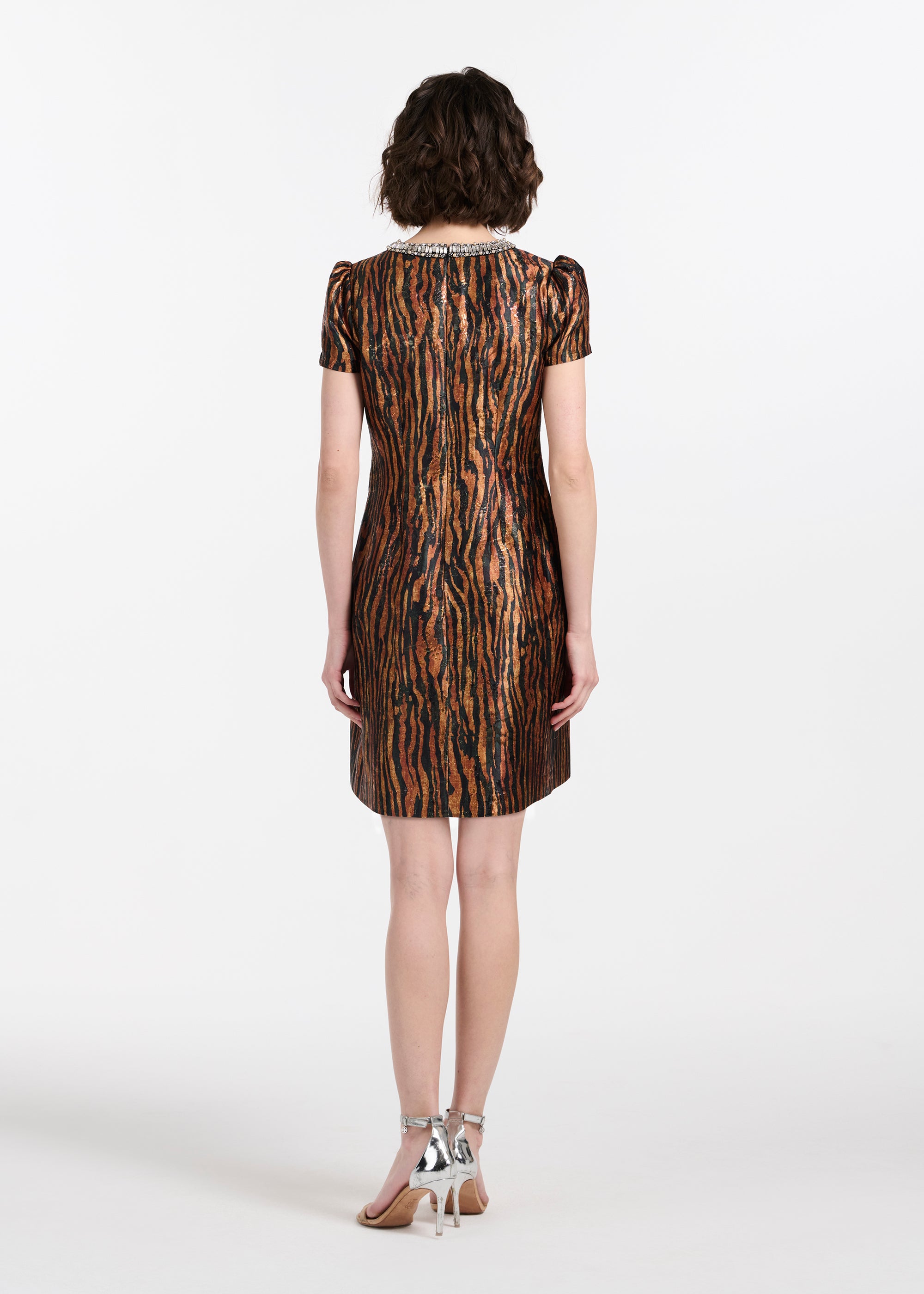 TIGER JACQUARD MINI DRESS WITH CRYSTAL NECKLINE