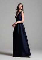 Faille Deep V Gown With Crystal Floral Bows