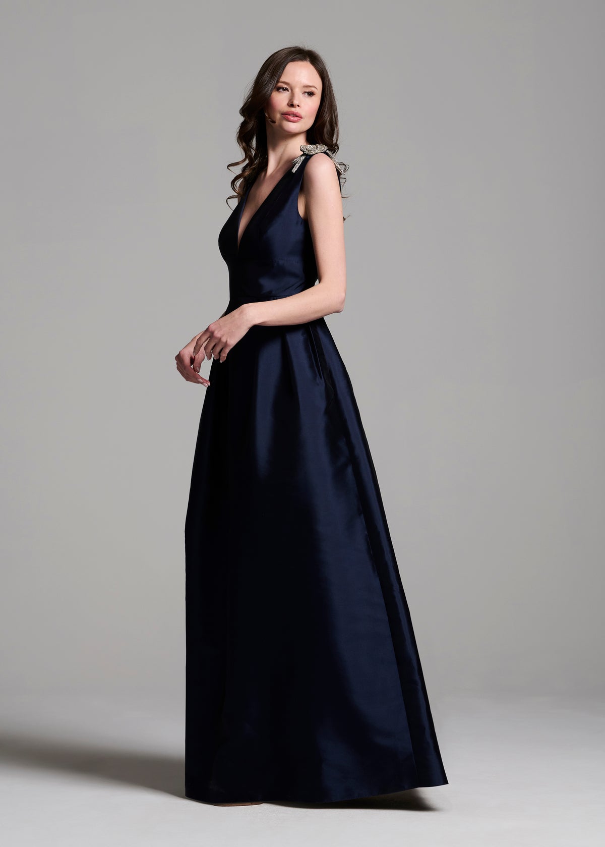 Faille Deep V Gown With Crystal Floral Bows