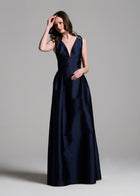 Faille Deep V Gown With Crystal Floral Bows