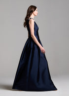 Faille Deep V Gown With Crystal Floral Bows