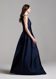 Faille Deep V Gown With Crystal Floral Bows