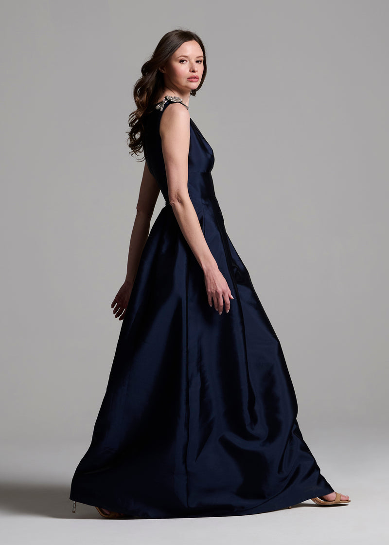 Faille Deep V Gown With Crystal Floral Bows