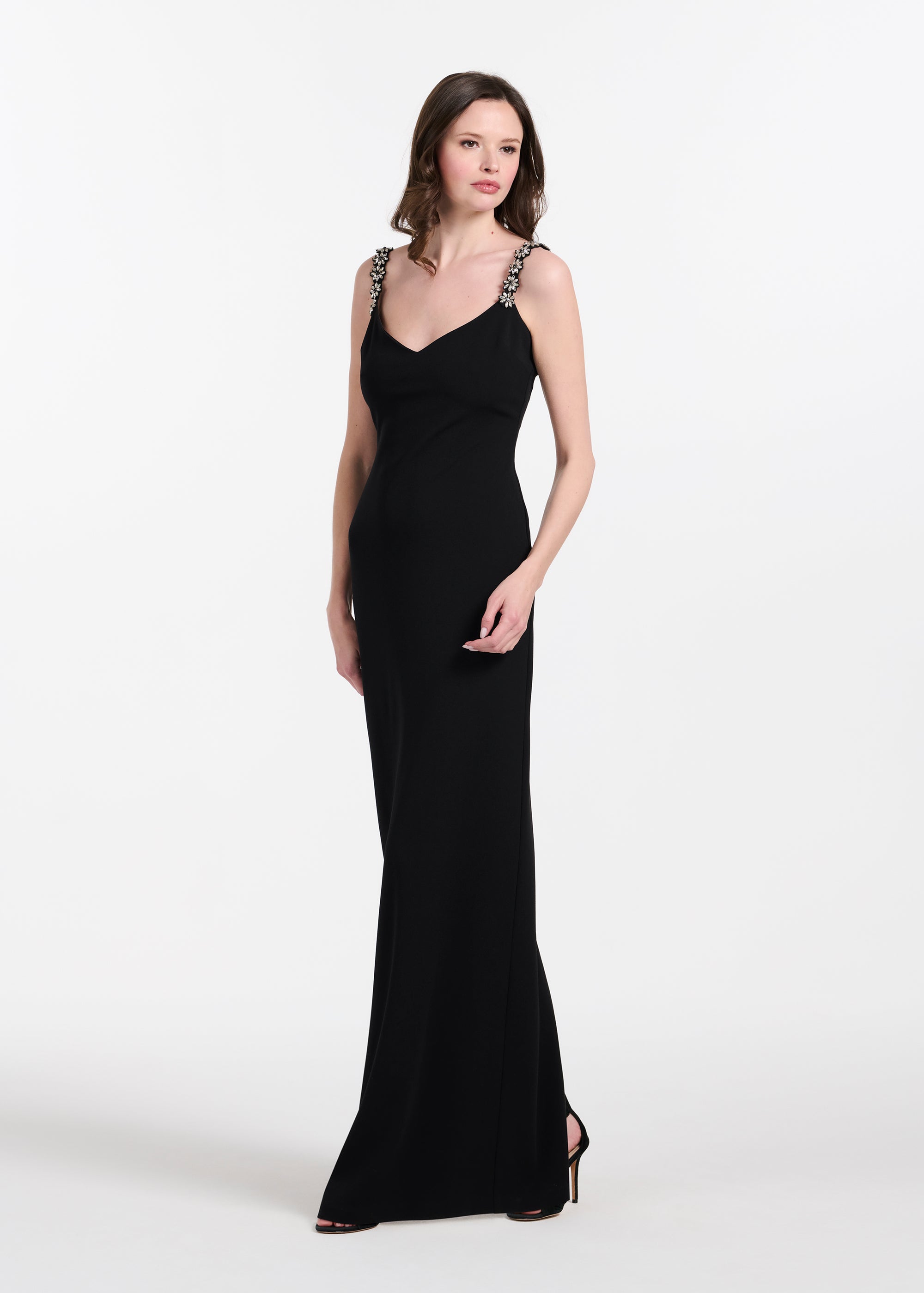 STRETCH CREPE SLIP DRESS WITH CRYSTAL FLOWER STRAPS