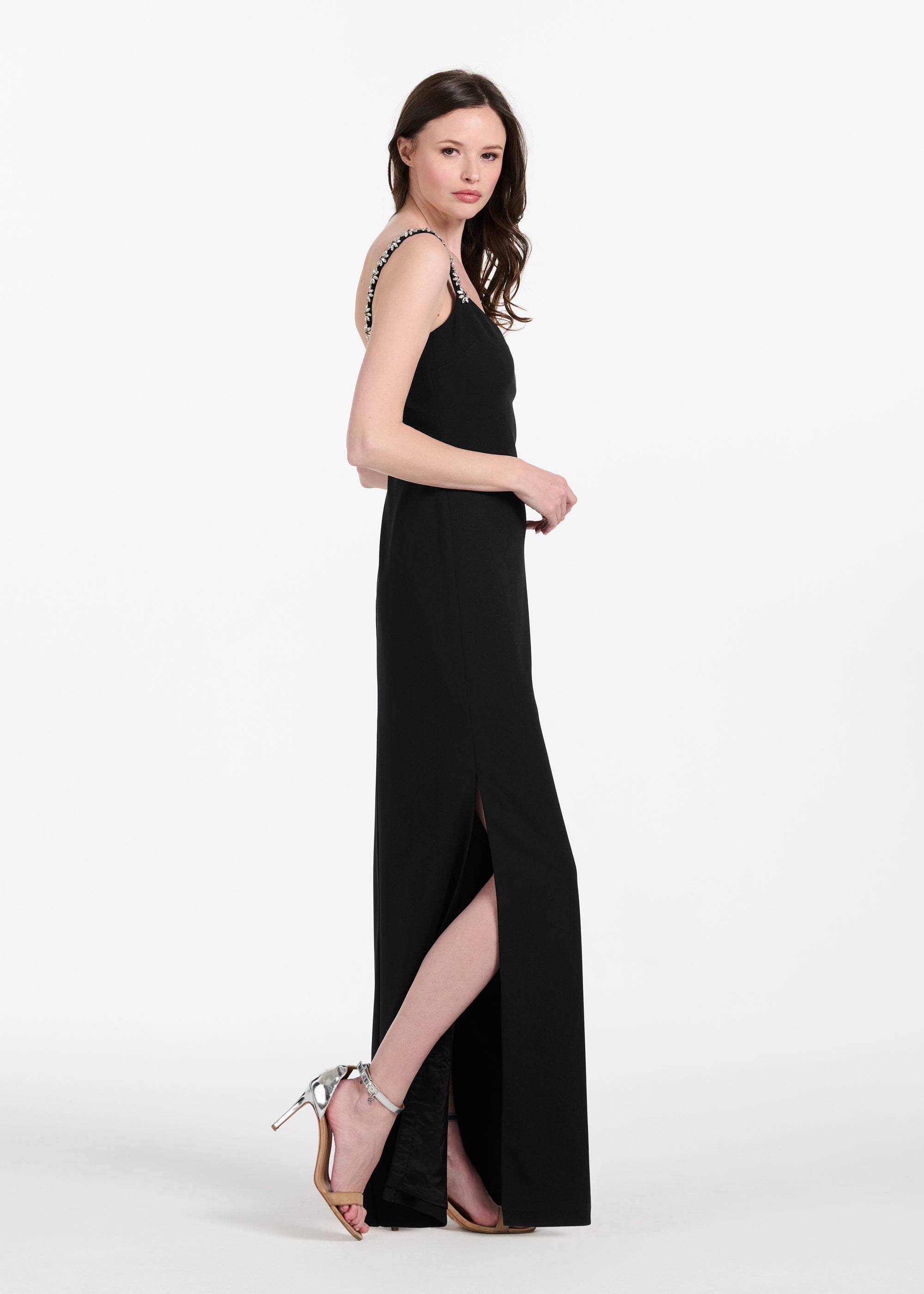 STRETCH CREPE SLIP DRESS WITH CRYSTAL FLOWER STRAPS